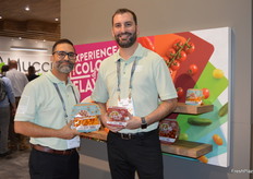 Colors of Flavor is the theme at to booth of Mucci Farms. Ajit Saxena and Stephen Cowan are showing some products from the company's premium snacking lineup. 